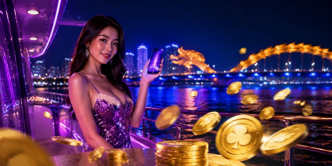 Người dùng tại Đà Nẵng chơi casino trực tuyến trên điện thoại với phông nền đô thị sáng đèn neon về đêm